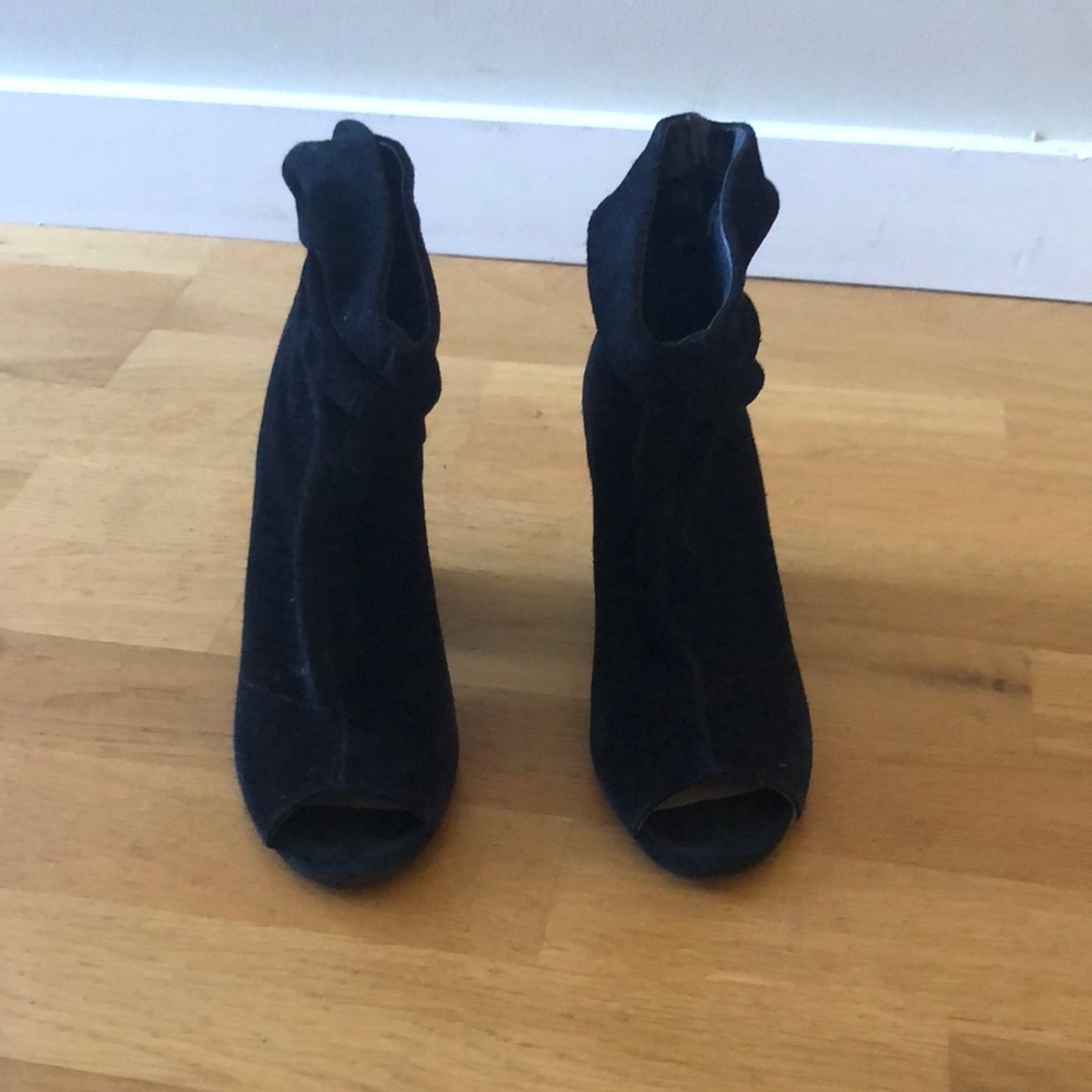 Chinese Landry, size 7 black suede peep toe pumps with block heel.